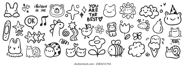 Cute doodle icon set, vector cartoon baby animals sticker, crayon hand drawn kawaii characters. Funny kids illustration kit, pen line scribble sketches, playful smile bee, cat, bear, star. Cute doodle