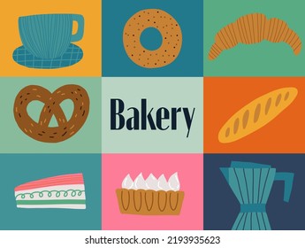 Cute doodle illustration with bakery, desserts and other pastries isolated on white background. Vector food set for your design.