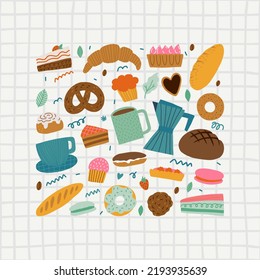 Cute doodle illustration with bakery, desserts and other pastries isolated on white background. Vector food set for your design.