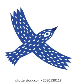 A cute doodle illustration of a blue folk bird. Whimsical folklore creature. Isolated on white.