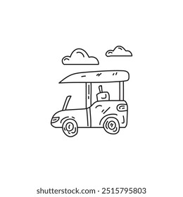 Cute doodle illustration of a car driving with clouds above. Simple line art, cartoon style, clipart for kids.