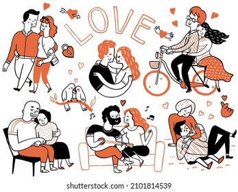 Cute doodle illustration character of couple lovers in romantic moment in concept of Valentine's day. Multiracial, different people, diversity, sketch and hand drawn design.