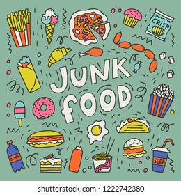 Cute doodle illustration with fast food  hand drawn colorful symbols. 
Vector clipart, background cafe, fast food, kitchen, confectionery, color