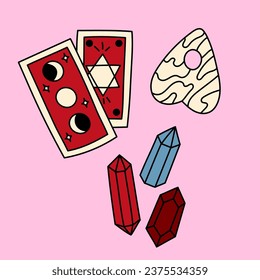 Cute doodle illustration in flat style, clipart set of tarot cards, crystals and ouija board on pink background, fortune telling. Witch items, witchcraft.