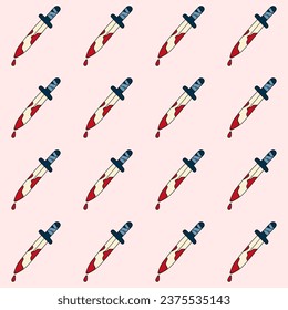 Cute doodle illustration in flat style, seamless pattern occult blade with blood on a beige background. Witch items, witchcraft.