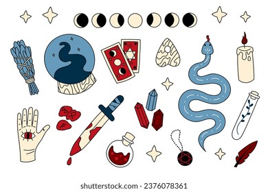 Cute doodle illustration in flat style, clipart set of magic elements isolated on white background, fortune telling. Witch items, witchcraft.
