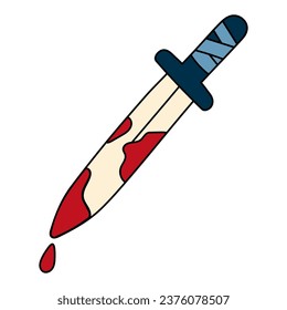 Cute doodle illustration in flat style, occult blade with blood isolated on white background. Witch items, witchcraft, sacrifice.