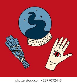 Dibujo de doodle lindo en estilo plano, conjunto de clipart de hierbas afinadas, mano con ojo y bola mágica de vidrio sobre fondo rojo, adivinación de fortuna. Artículos de bruja, brujería.