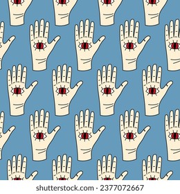 Cute doodle illustration in flat style, seamless pattern hand with red demonic eye on blue background, fortune telling. Witch items, witchcraft.