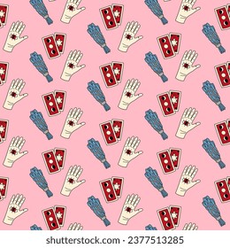 Cute doodle illustration in flat style, seamless pattern of tarot cards, dried herbs and hand with eye on pink background, fortune telling. Witch items, witchcraft.