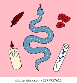 Cute doodle illustration in flat style, clipart set of snake, runes, feather, candle and herbs in a test tube on a pink background, fortune telling. Witch items, witchcraft.