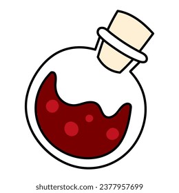 Cute doodle illustration in flat style, potion in glass bottle isolated on white background. Witch items, witchcraft.