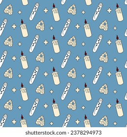 Cute doodle illustration in flat style, seamless pattern of candles, Ouija boards and dried herbs on a blue background, fortune telling. Witch items, witchcraft.