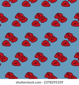 Cute doodle illustration in flat style, seamless pattern red runes on a blue background, fortune telling. Witch items, witchcraft.