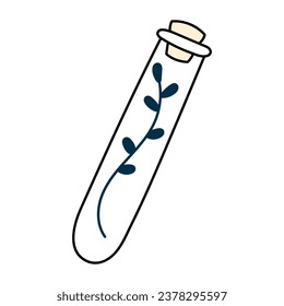Cute doodle illustration in flat style, dried herbs in glass flask isolated on white background. Witch items, witchcraft.