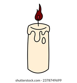 Ilustración de doodle en estilo plano, quemando vela aislada en fondo blanco. Artículos de bruja, brujería.