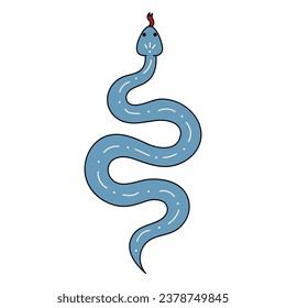 Cute doodle illustration in flat style, blue poisonous snake isolated on white background. Witch's pet, witchcraft.