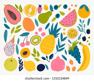 Cute doodle illustration with fruit isolated on white background on white background. Vector food set for your design. 