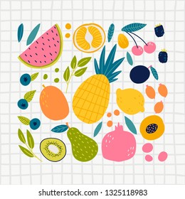 Cute doodle illustration with fruit isolated on white background on white background. Vector food set for your design. 