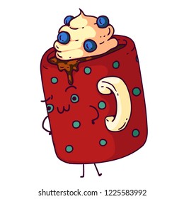 A cute doodle illustration of a funny coffee mug character, amusing expression, kids style, colorful
