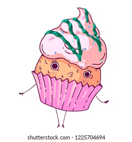 A cute doodle illustration of a funny pink girly cupcake character, amuzing expression, kids style, colorful