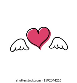 Cute doodle illustration with the image of a heart with wings for the day of lovers