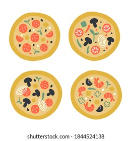 Cute doodle illustration with pizza top view set with different ingredients. Pepperoni, vegeterian, seafood, mushrooms, shrimps, cheese, tomato. Italian traditional food. For promo, menu, poster