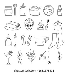 Cute doodle illustration of some spa objects and  self care items. Line icons.