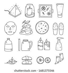 Cute doodle illustration of some spa objects and  self care items. Line icons.