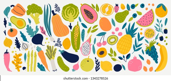 
Dibujo de doodle con verduras y frutas aisladas en fondo blanco. Comida vectorial para su diseño. 