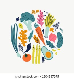 
Cute doodle illustration with vegetables isolated on white background on white background. Vector food set for your design. 