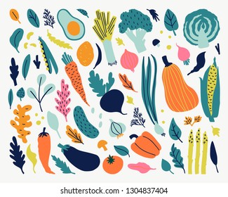 
Ilustração de doodle bonito com vegetais isolados no fundo branco. Conjunto de alimentos vetoriais para o seu design. 