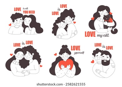 Cute doodle illustrations of various of love. Love couples, LGBTQ couple, pet lover, self love. Concepts for website, social media banner, marketing. Vector illustration in flat style