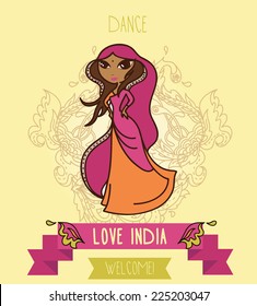 cute doodle indian girl, banner for travel to india or for indian dance studio, vector illustration
