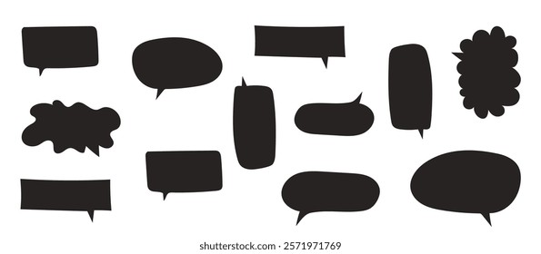 Cute doodle ink speech bubble collection in minimalistic style scrapbooking, attack, burst balloon sketch set.