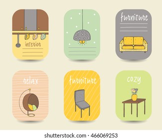Cute doodle interior, furniture cards, brochures, postcards with lamp, sofa, chair, table, vase, armchair, kitchen supplies, cups. Cartoon objects background. Printable templates, tags set