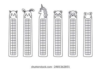 Cute doodle kawaii bookmarks with place for notes with animal faces of cat, rabbit, frog, unicorn, panda, bear for kids. Stationery for reading books. Back to school vector with hand drawn outline