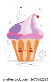 Cute doodle, kawaii strawberry ice cream in a waffle cup character in colour isolated on white background. Cartoon food stock vector illustration. Simple hand drawn style.