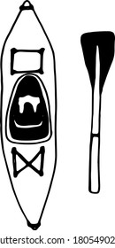 Cute doodle kayak with paddle. Hand drawn vector camping illustration in sketchy style isolated on white. Active  hiking element for stickers, posters, banner, ad, greeting card, sport or travel blogs