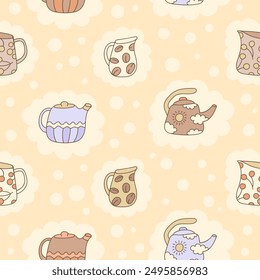 Cute doodle kettles seamless pattern. Dotted retro background. Print for wrapping paper, packaging, scrapbooking, textile, fabric.