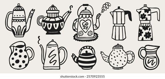 Cute doodle kettles and teapots. Hand drawn vector set. Teapot collection for English afternoon tea ceremony