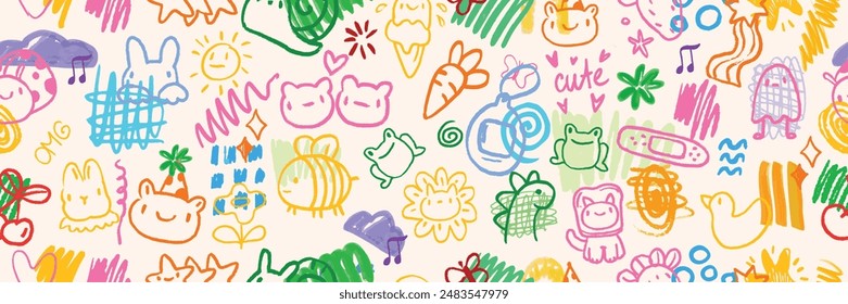 Cute doodle niño patrón sin fisuras, Vector infantil dibujado a mano textura, bebé garabato kawaii ropa. Dibujos animados de dibujos animados pinceladas de la sonrisa animales de impresión, color marcador de cómic squiggle. Patrón de niños ingenuos