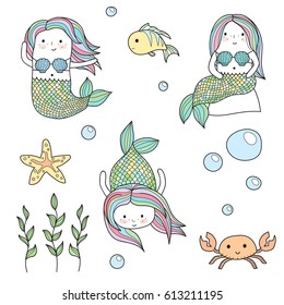 Cute doodle kid-like drawn style vector set of mermaids and underwater sea life creatures. Chibi fun mermaids, crab, fish and starfish, sea weeds and bubbles.