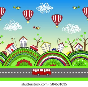 Cute doodle kids background with ornamented hills, cartoon city and bus on the road