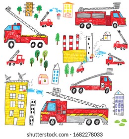 cute doodle kids drawn kids fire truck set