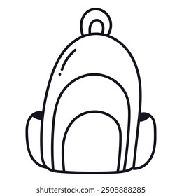 Cute doodle kids schoolbag. Back to school rucksack full of school supplies. Outline hand drawn backpack for children, students. Isolated childish illustration