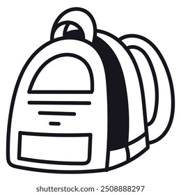 Cute doodle kids schoolbag. Back to school rucksack full of school supplies. Outline hand drawn backpack for children, students. Isolated childish illustration