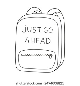 Cute doodle kids schoolbag with pocket on zipper and lettering. Back to school rucksack full of school supplies. Outline hand drawn backpack for children, students. Isolated childish illustration