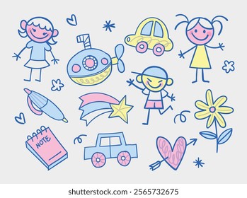 Cute Doodle Kids Theme Set for Children Projects with Hand-Drawn Style Flowers Vehicles and Toys