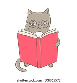 cute doodle kitty cat reading a book in glasses. adorable animal clip art. education vector illustration. back to school image.